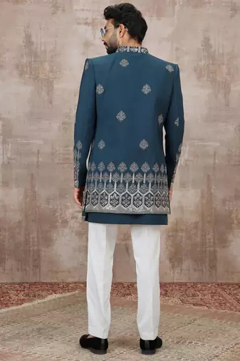 Blue computer thread work on art silk 3 peice indo-western for men