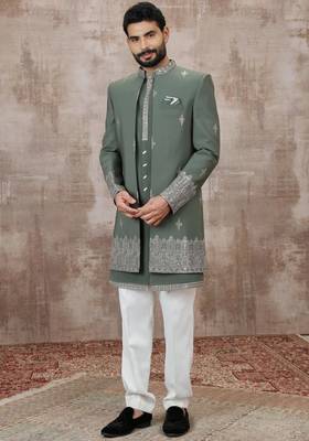 Green computer thread work on art silk 3 peice indo-western for men 1