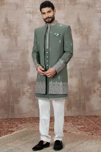 Green computer thread work on art silk 3 peice indo-western for men