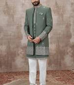 Green computer thread work on art silk 3 peice indo-western for men
