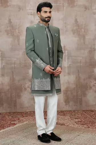 Green computer thread work on art silk 3 peice indo-western for men