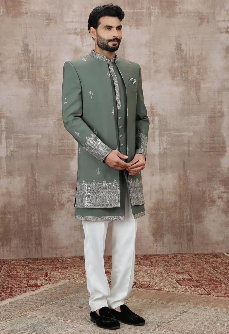Green computer thread work on art silk 3 peice indo-western for men