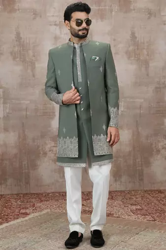 Green computer thread work on art silk 3 peice indo-western for men