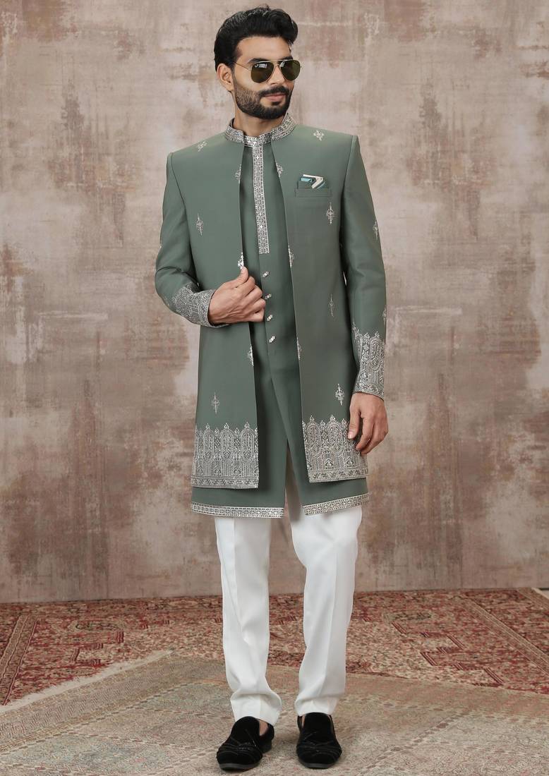 Green computer thread work on art silk 3 peice indo-western for men