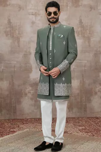 Green computer thread work on art silk 3 peice indo-western for men