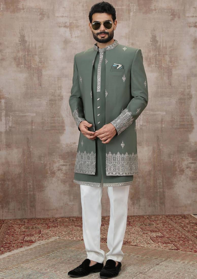 Green computer thread work on art silk 3 peice indo-western for men