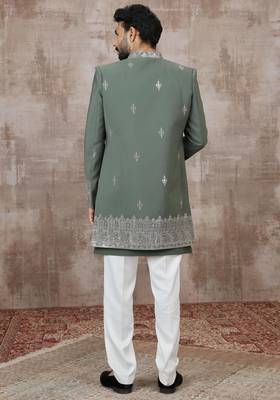Green computer thread work on art silk 3 peice indo-western for men 5