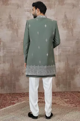 Green computer thread work on art silk 3 peice indo-western for men