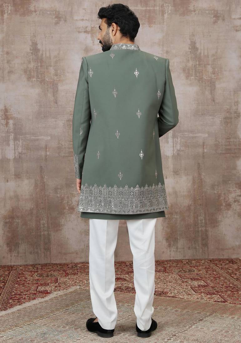 Green computer thread work on art silk 3 peice indo-western for men