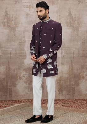 Wine computer thread work on art silk 3 peice indo-western for men 1
