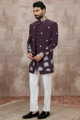 Wine computer thread work on art silk 3 peice indo-western for men