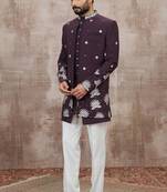Wine computer thread work on art silk 3 peice indo-western for men