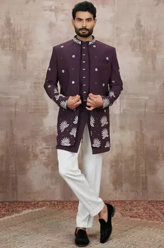 Wine computer thread work on art silk 3 peice indo-western for men