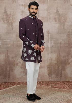 Wine computer thread work on art silk 3 peice indo-western for men 3