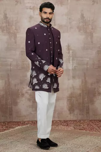 Wine computer thread work on art silk 3 peice indo-western for men