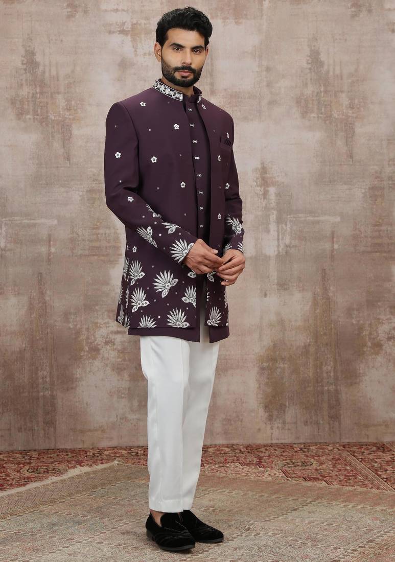 Wine computer thread work on art silk 3 peice indo-western for men