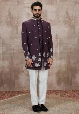 Wine computer thread work on art silk 3 peice indo-western for men 4