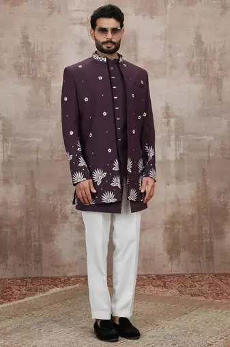 Wine computer thread work on art silk 3 peice indo-western for men