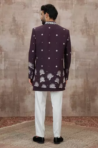 Wine computer thread work on art silk 3 peice indo-western for men