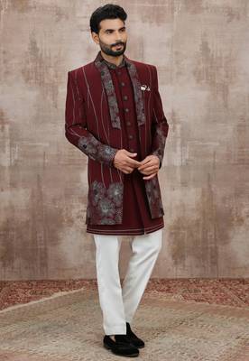 Wine computer thread work on art silk 3 peice indo-western for men 1