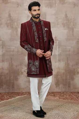 Wine computer thread work on art silk 3 peice indo-western for men