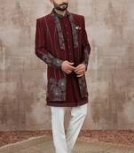 Wine computer thread work on art silk 3 peice indo-western for men