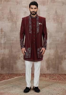 Wine computer thread work on art silk 3 peice indo-western for men 2