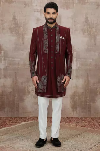 Wine computer thread work on art silk 3 peice indo-western for men