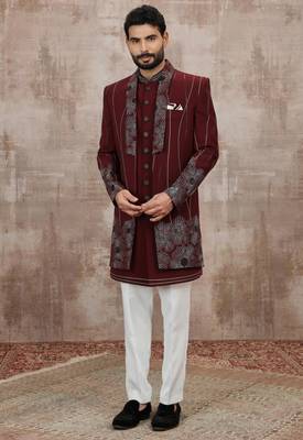 Wine computer thread work on art silk 3 peice indo-western for men 3
