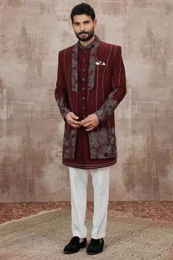 Wine computer thread work on art silk 3 peice indo-western for men