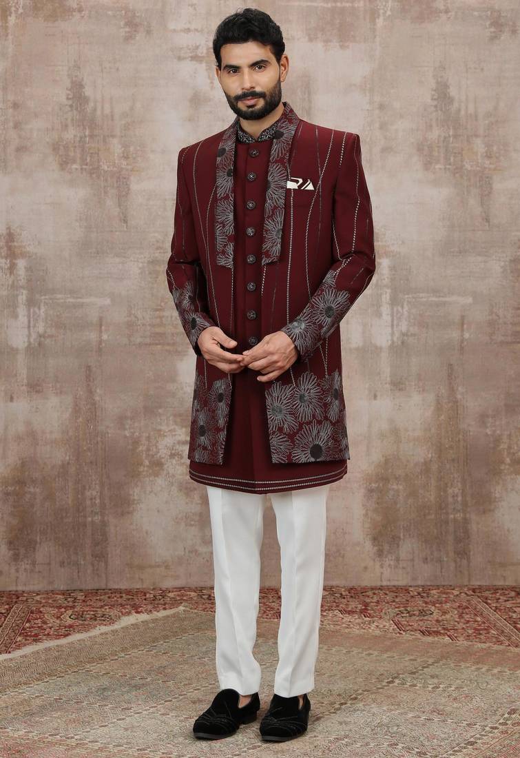 Wine computer thread work on art silk 3 peice indo-western for men