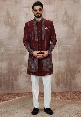 Wine computer thread work on art silk 3 peice indo-western for men 4