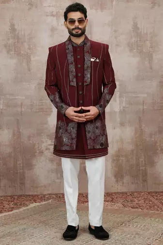 Wine computer thread work on art silk 3 peice indo-western for men