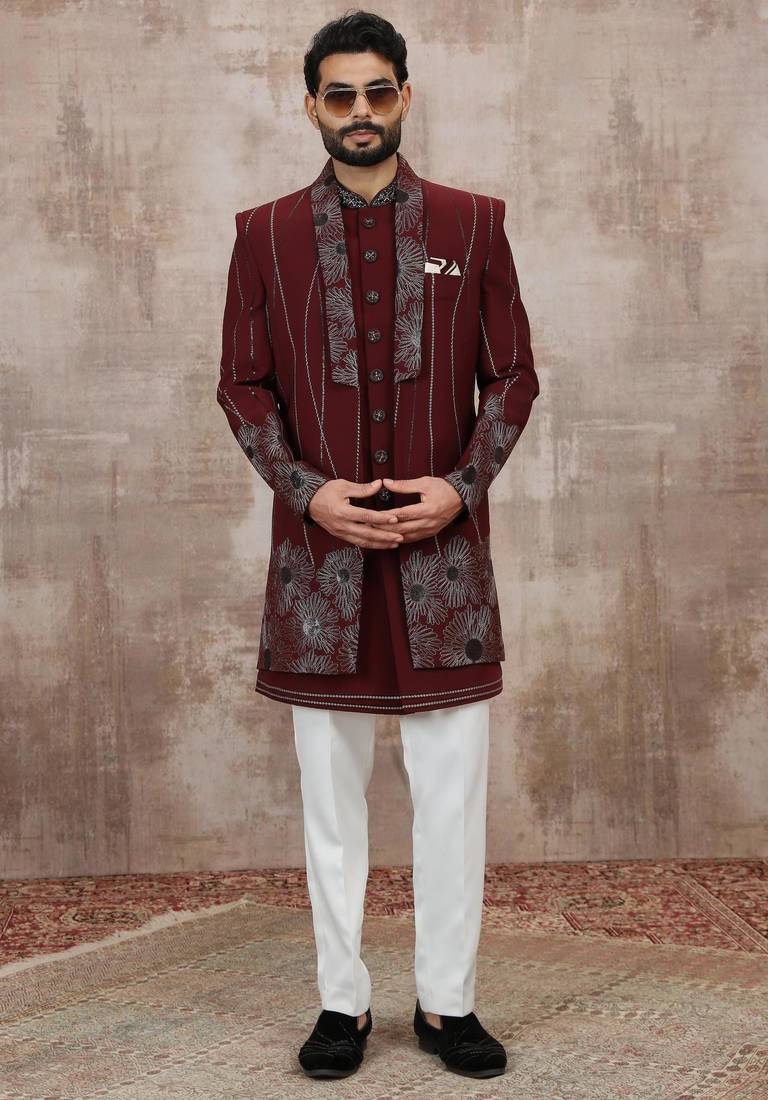 Wine computer thread work on art silk 3 peice indo-western for men