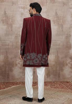 Wine computer thread work on art silk 3 peice indo-western for men 5