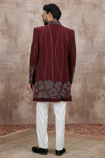 Wine computer thread work on art silk 3 peice indo-western for men