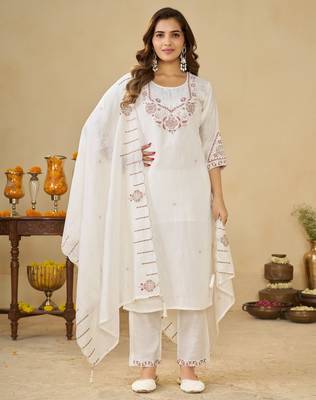 White embroidery thread work kurta pant dupatta for women 1