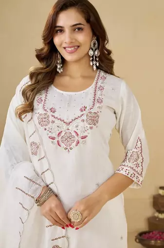 White embroidery thread work kurta pant dupatta for women
