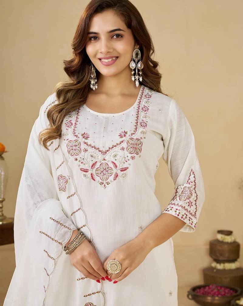 White embroidery thread work kurta pant dupatta for women