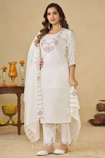 White embroidery thread work kurta pant dupatta for women