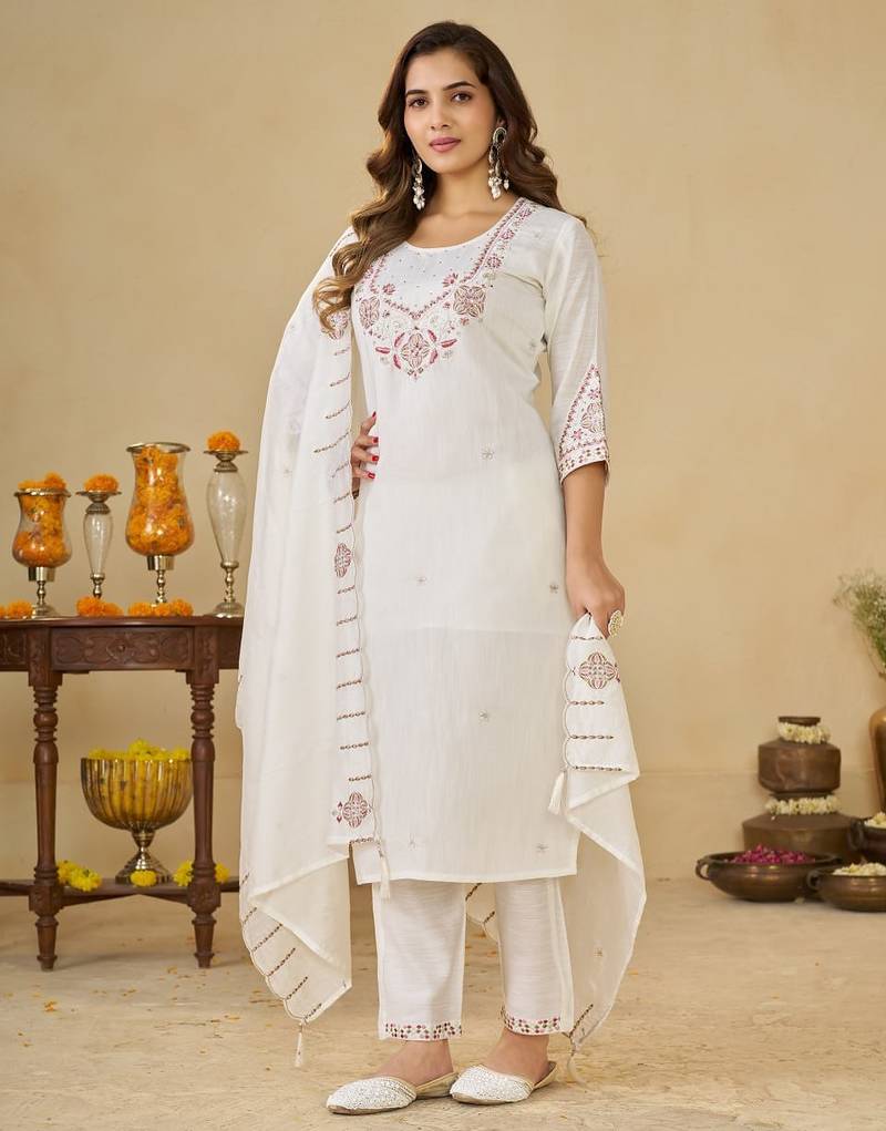 White embroidery thread work kurta pant dupatta for women