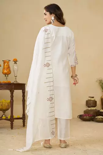 White embroidery thread work kurta pant dupatta for women