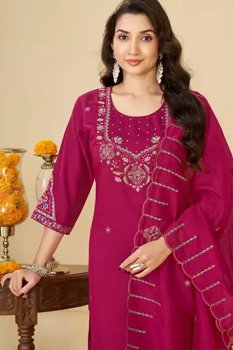 Pink embroidery thread work kurta pant dupatta for women