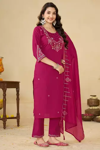 Pink embroidery thread work kurta pant dupatta for women