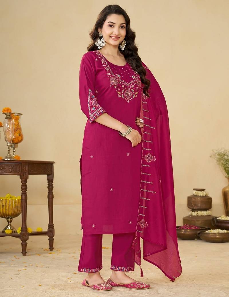 Pink embroidery thread work kurta pant dupatta for women