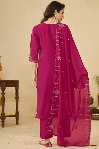 Pink embroidery thread work kurta pant dupatta for women