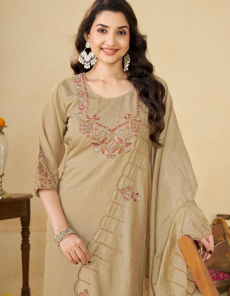 Cream embroidery thread work kurta pant dupatta for women