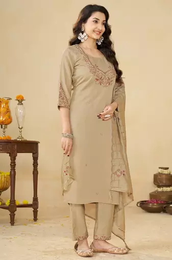 Cream embroidery thread work kurta pant dupatta for women