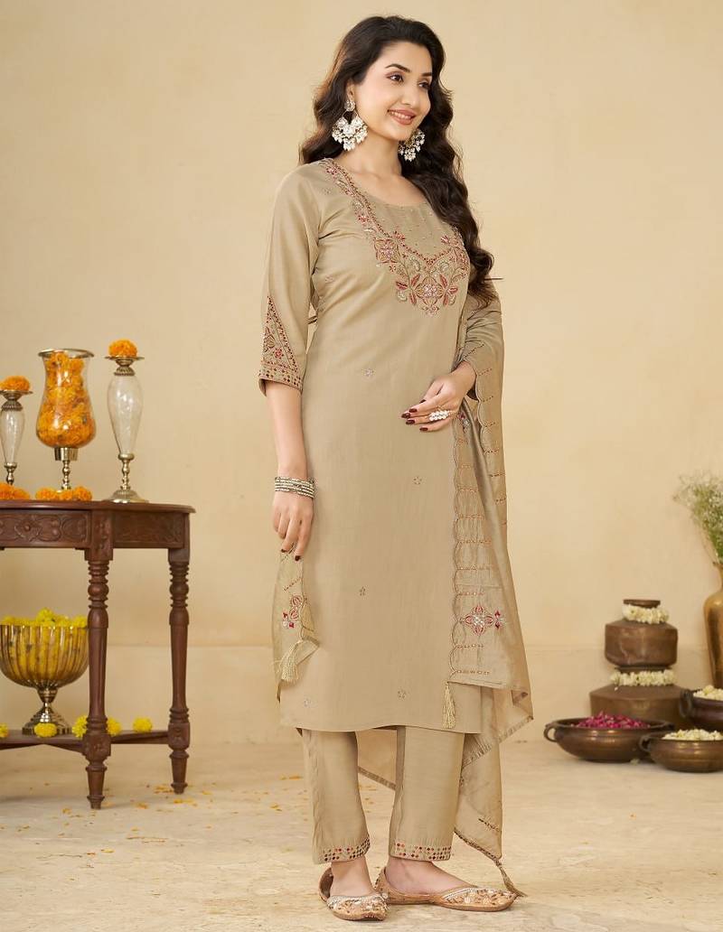 Cream embroidery thread work kurta pant dupatta for women
