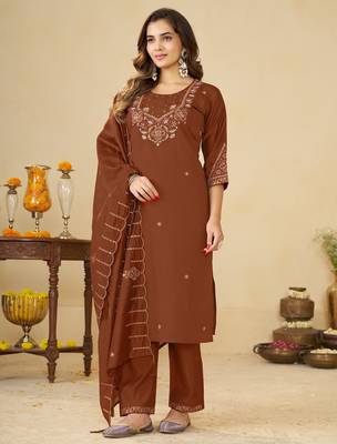 Brown embroidery thread work kurta pant dupatta for women 3